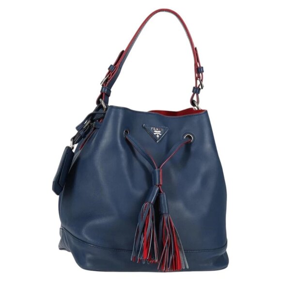 PRADA Shoulder Bag Leather Blue Silver Auth - Picture 1 of 16